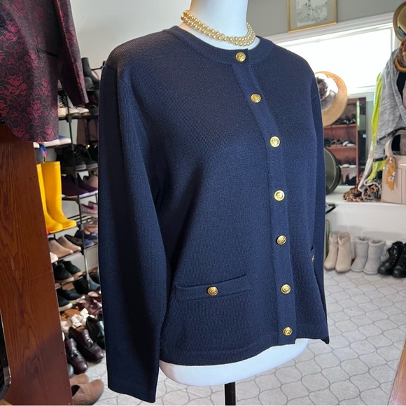 TALBOTS Luxe Navy 100% Merino Wool Cardigan w/ Gold Crest Buttons - Size M - Picture 9 of 10